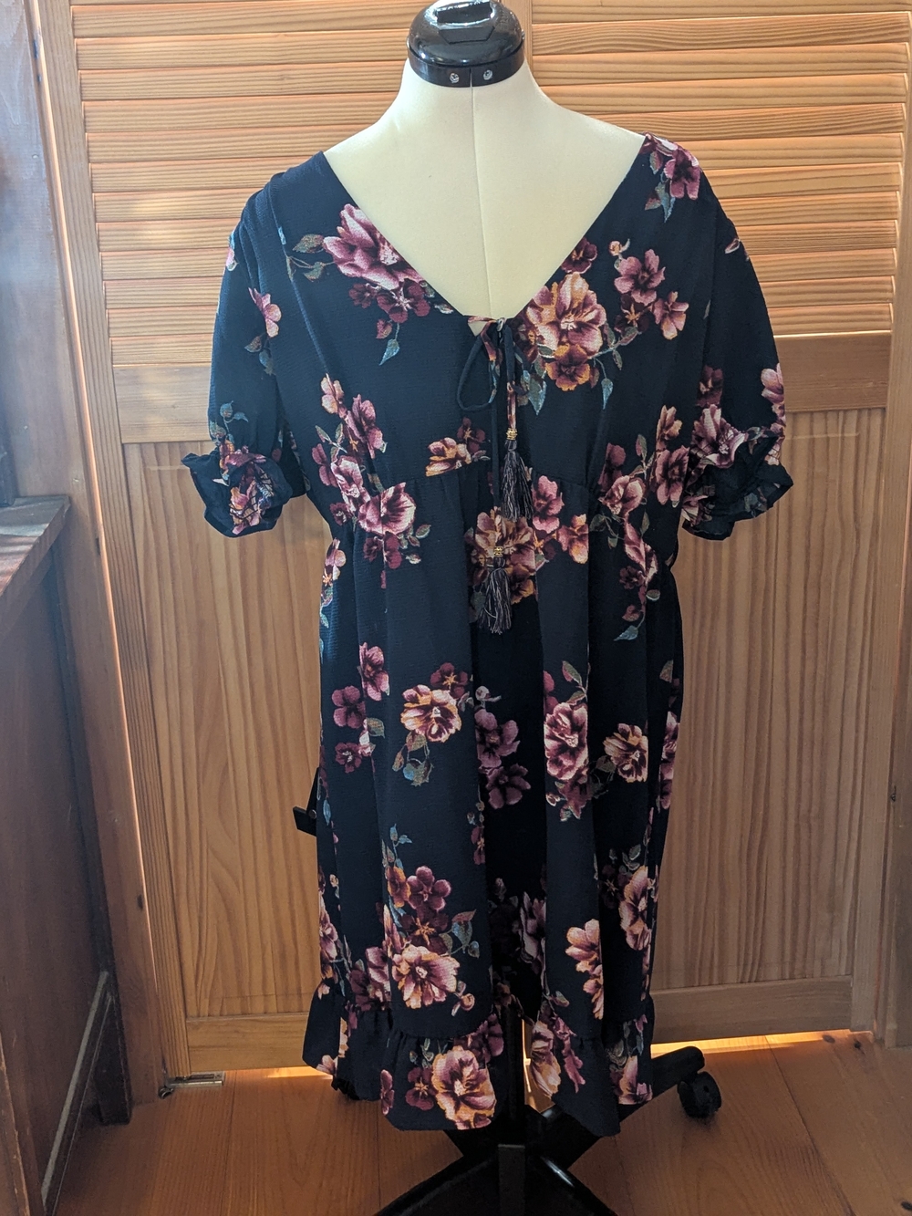 Xhilaration Black Midi Dress with Pink Floral Print